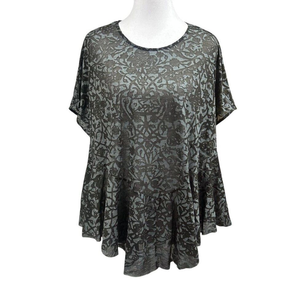 Peruvian Connection Anatolia Burnout Short Sleeve Ruffle Hem Blouse Sz XS/S